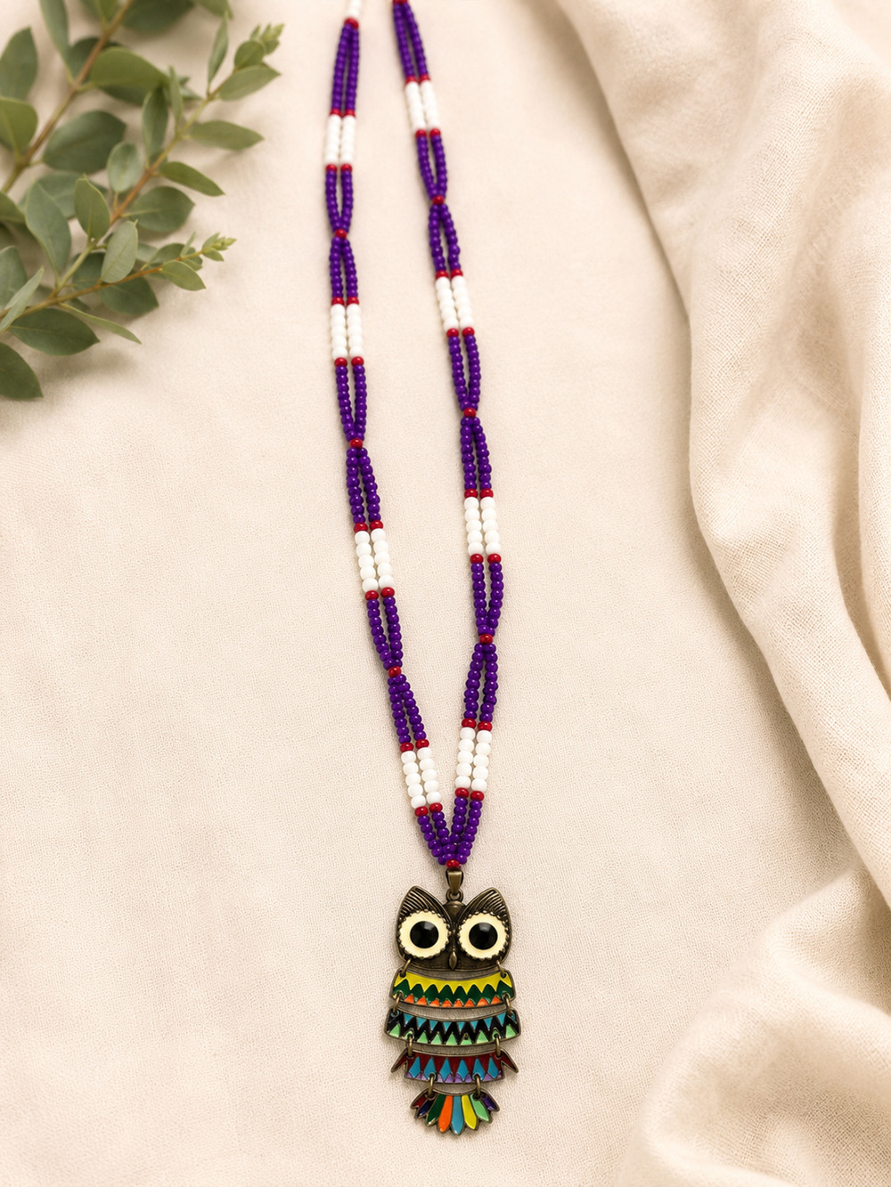Colorful Owl Pendant Beaded Neklace Purple Red White Seed Bead Boho Artisan